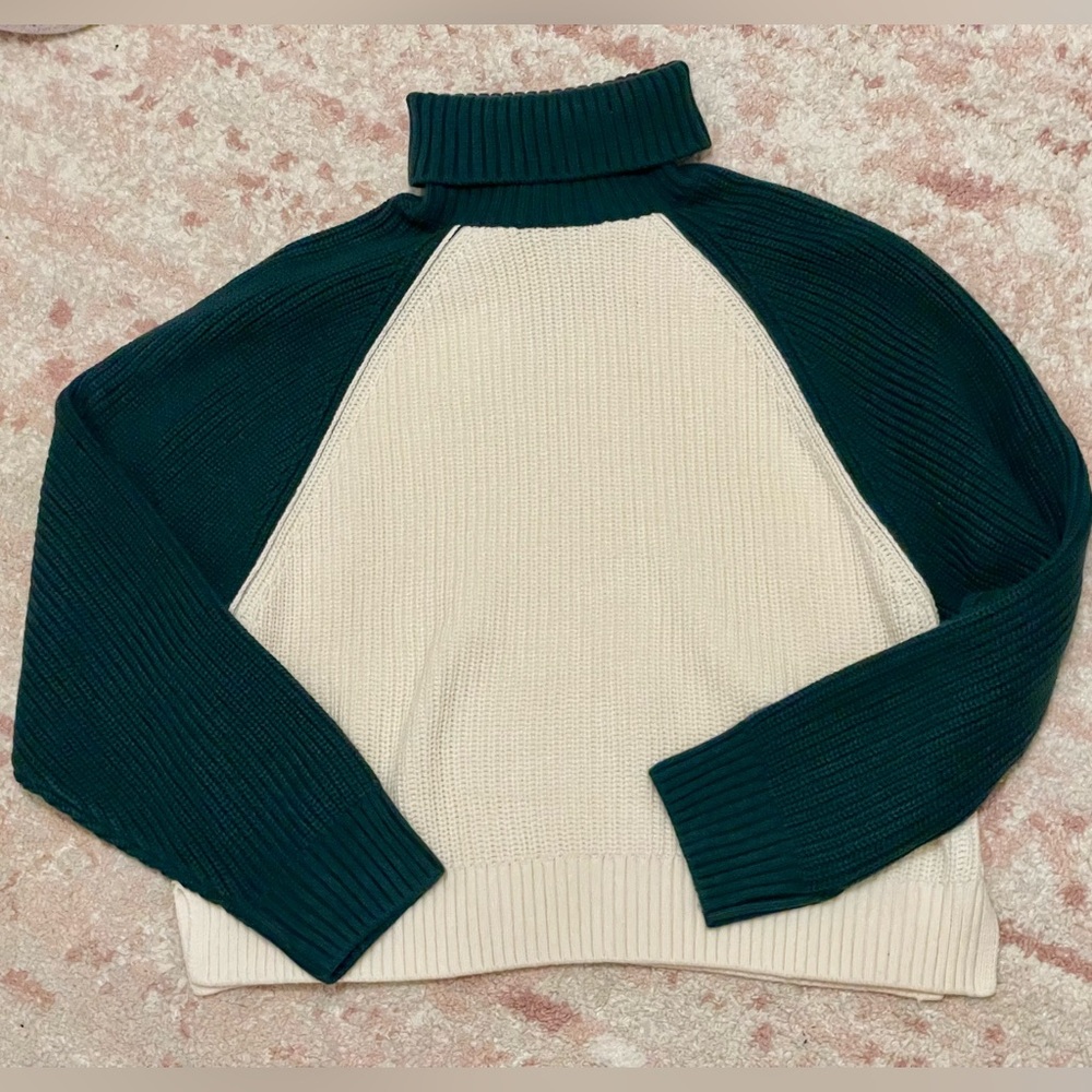 NWT VS PINK Turtleneck Sweater Green Cream Knit Large